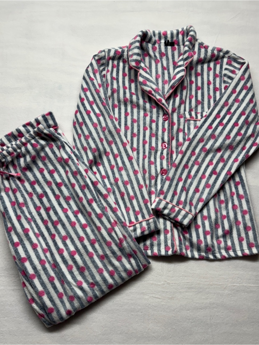 Kensie Pink, Gray & White Striped Polka Dot Fleece Pajama Set